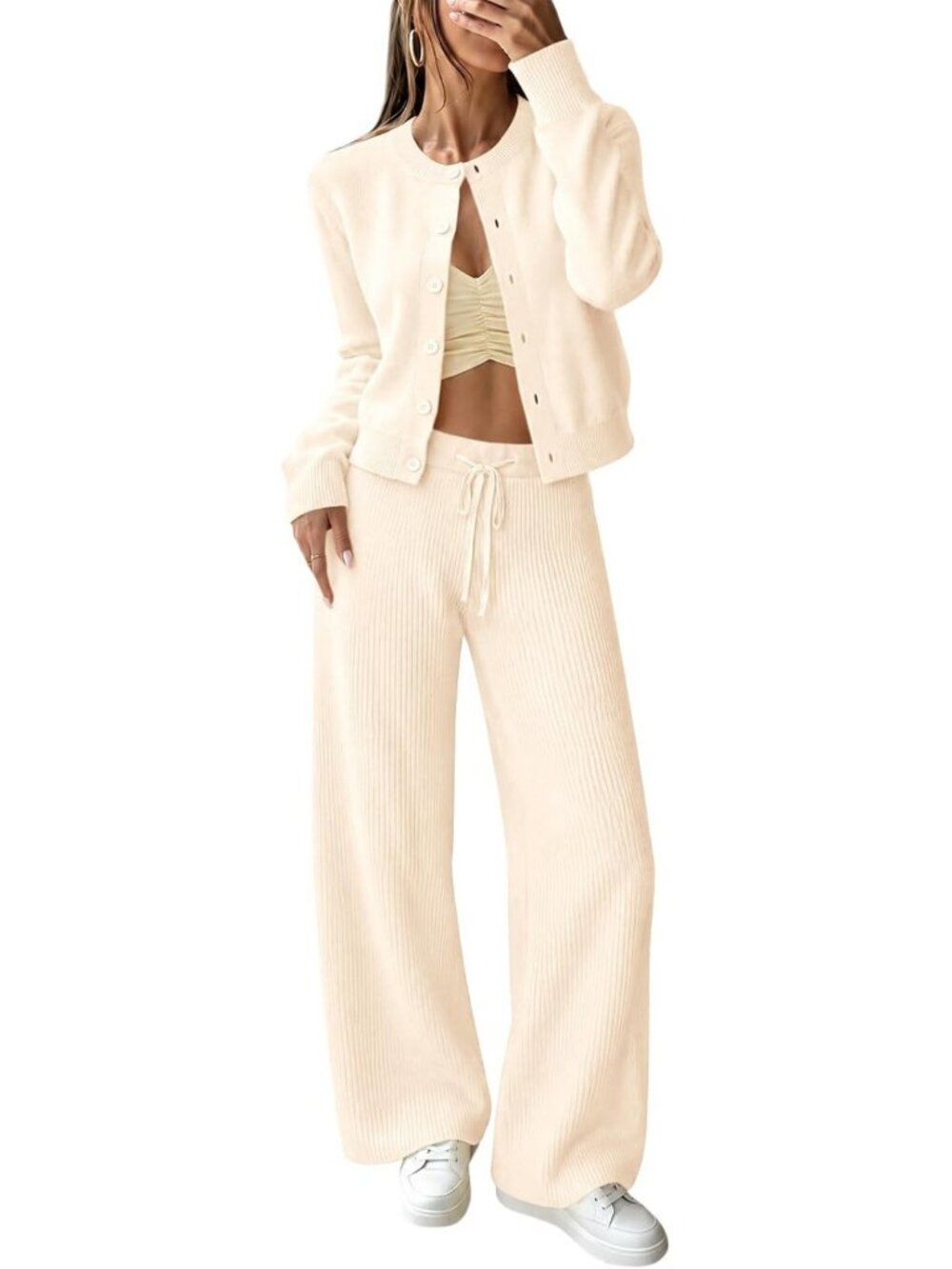 Chic Women's 2-Piece Lounge Set - Cropped Cardigan & Sweater Outfit for Comfort